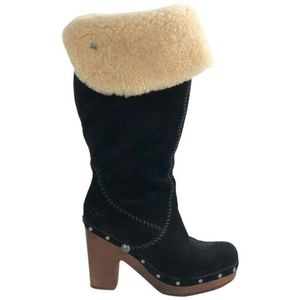Ugg Wooden Soled Shearling Boots Black Suede